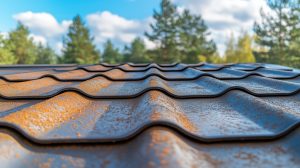 a close up of a weathered metal roof tile reveals rust spots and deep crevices, with a blurred backdrop of sky and trees.