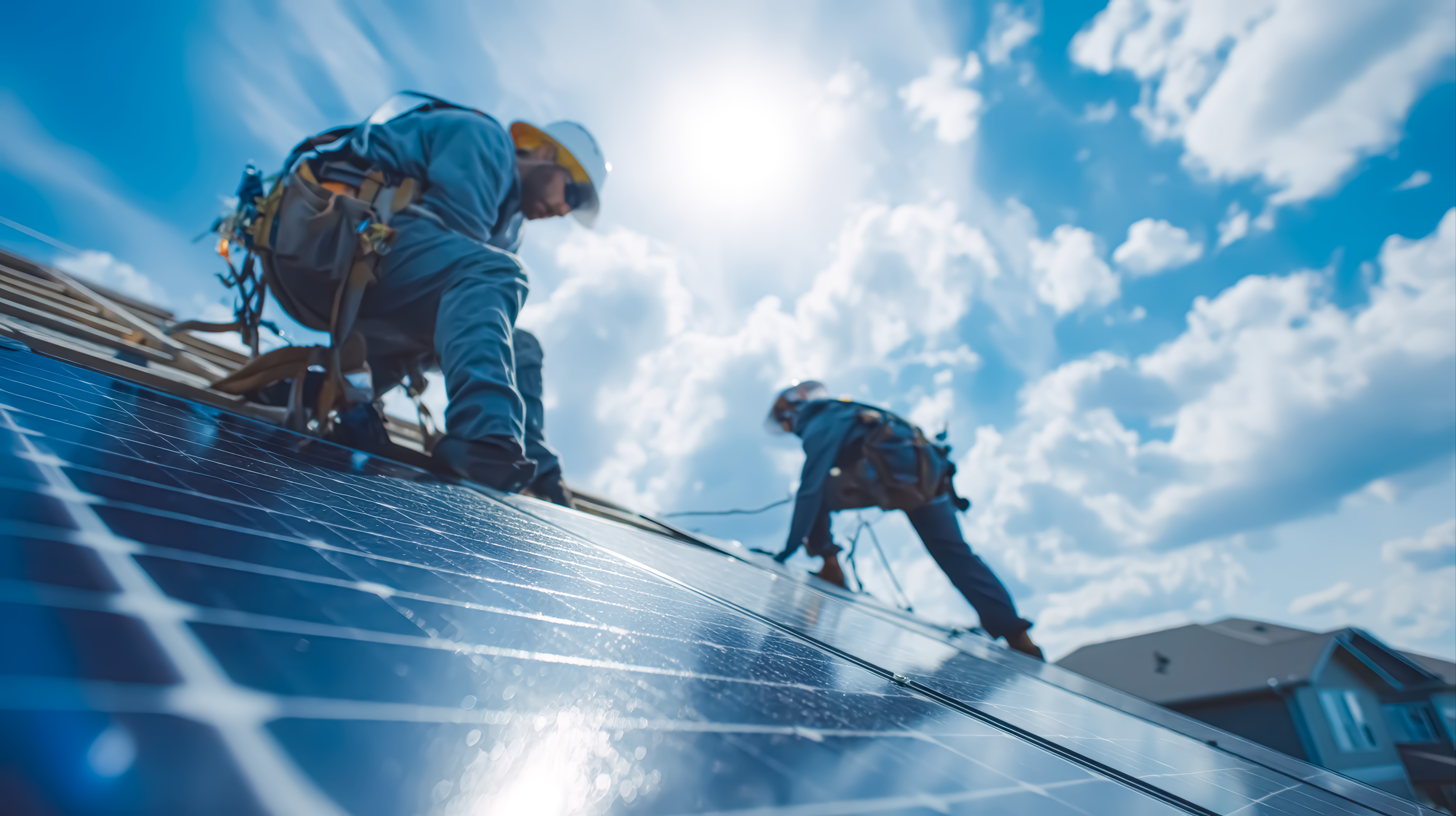 workers install solar panels on rooftop under bright sun