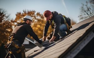 two men work to tile sheet and repair the roof.