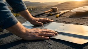 roofer installing metal flashing on asphalt shingles at sunset