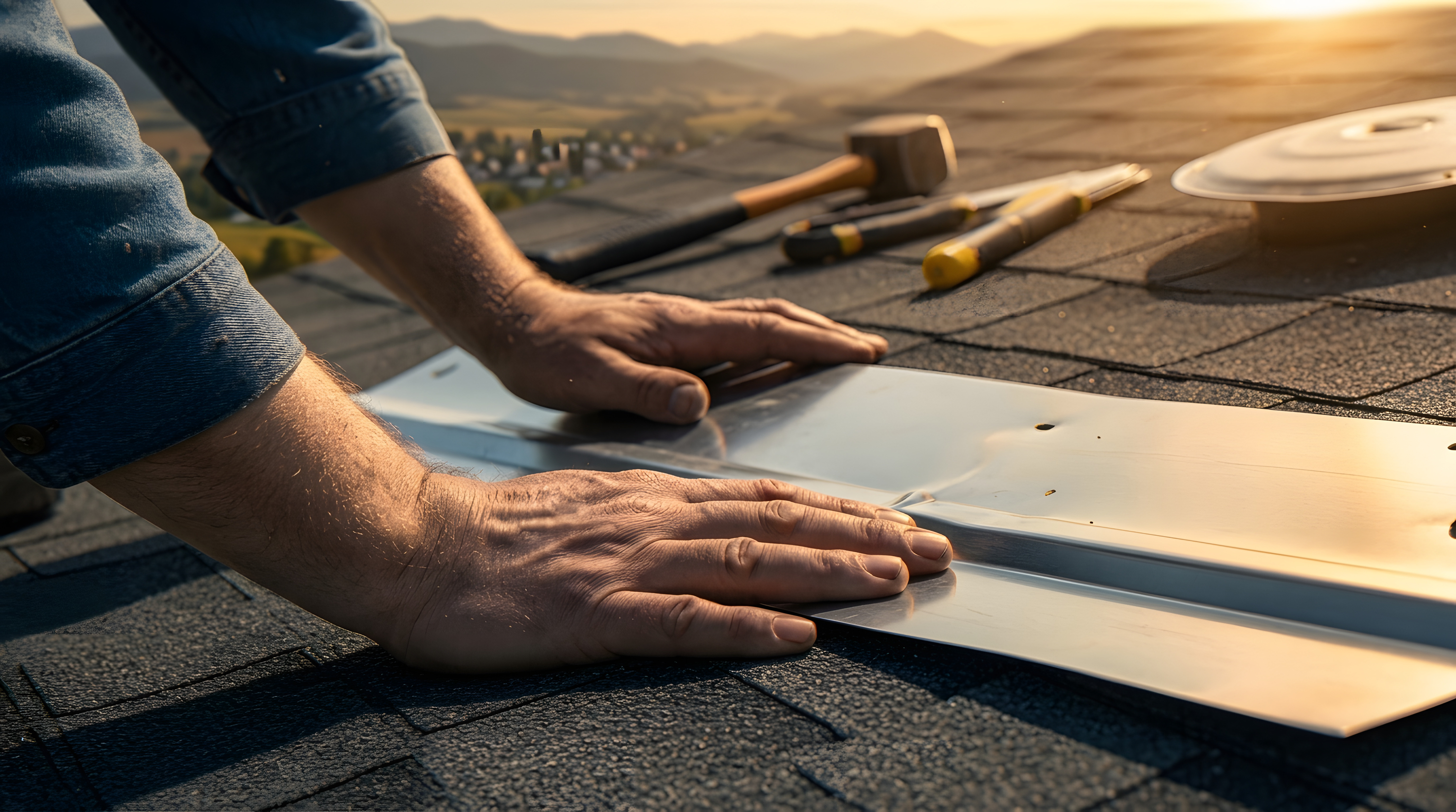 roofer installing metal flashing on asphalt shingles at sunset